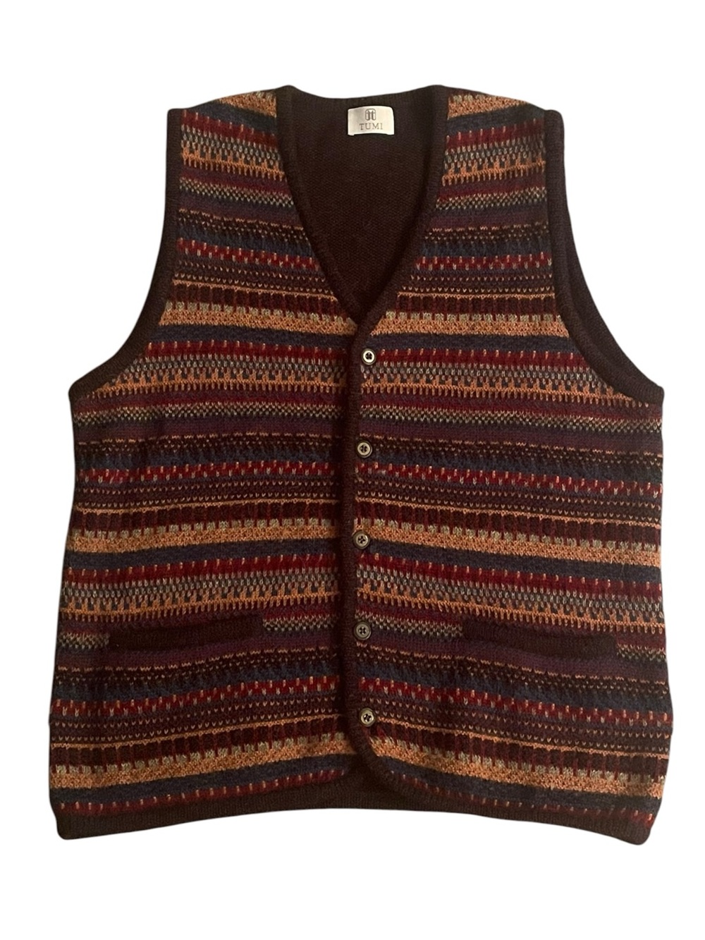Mens Small Tumi Wool Vest Alpaca Printed Button Sweater Made in Peru